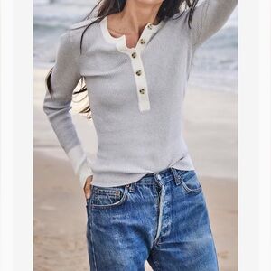 Faherty Mikki Henley Gray and Cream Henley Sweater Top XL cashmere cotton blend